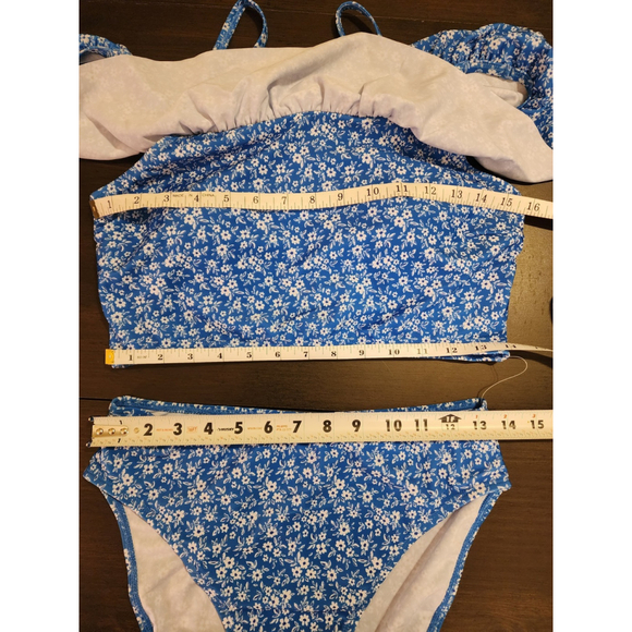 Tahari 2 piece Set Swimsuit Bathing Suit Off Shoulder LARGE Blue White Floral - Picture 10 of 16